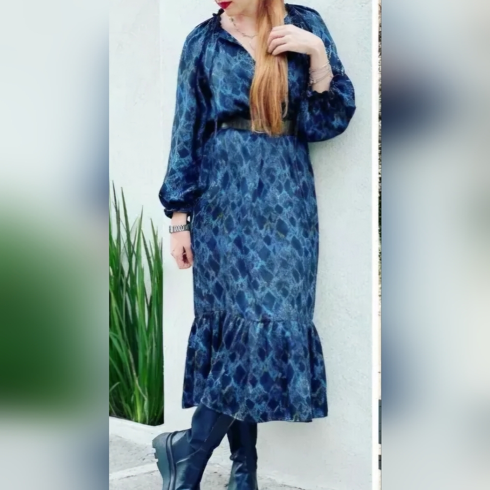 ZARA Maxi Dress Navy Snakeskin  Print Long Sleeve Size S Goth Dark Romantic